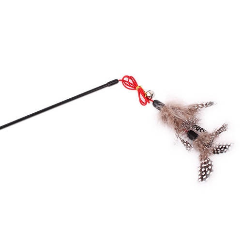 Plastic Cat WAND with Pearl Feather Double Layer Chain, Black Rod, Red Rope with Bell, Wholesale Cat Toy