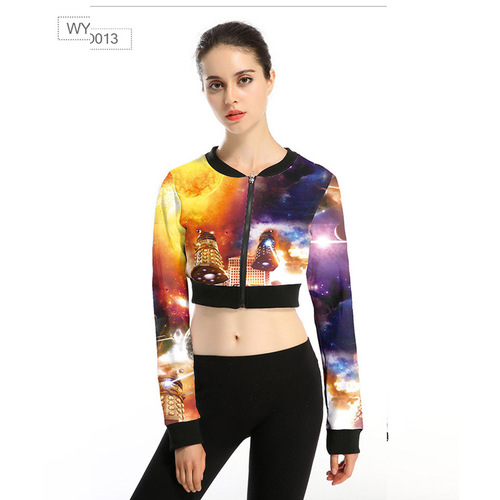 Spring European Station Autumn navel hoodie Women's high-waisted long-sleeved top Personalized print thin short coat