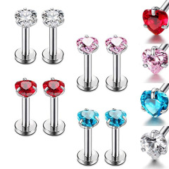 Stainless steel heart zirconium lip piercing, tooth nose stud, hypoallergenic 316 steel ear bone piercing jewelry, cross-border best-selling piercing accessory