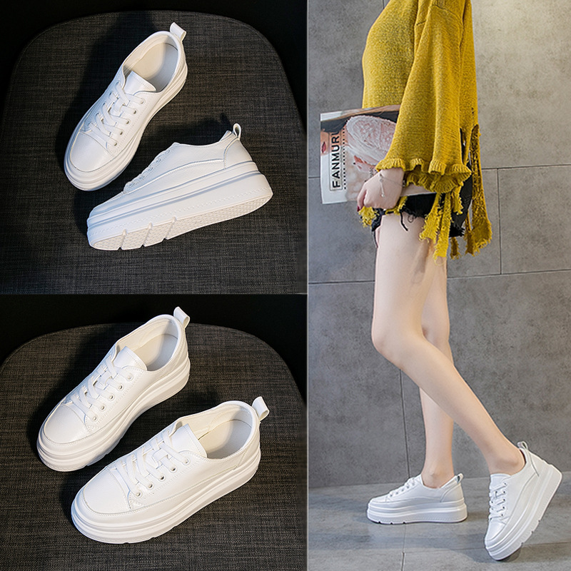 White Shoes for Women Thick Soles 2025 Spring & Fall New Korean Style Low-Cut Lace-Up Shallow Mouth Inner Height Increasing Women's Shoes Small Size Sneakers