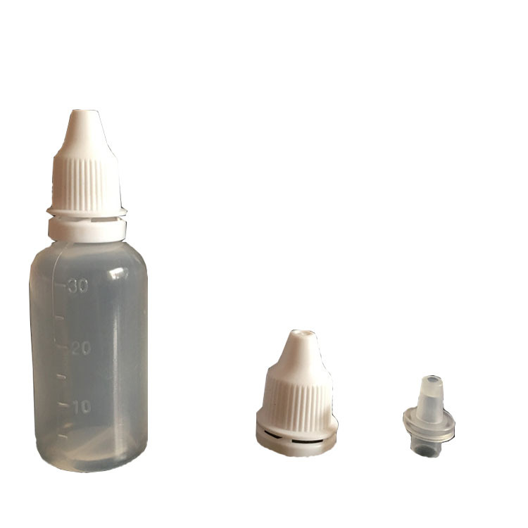 Venta al por mayor de 30ml botella de plástico tapa antirrobo con marca botella de goteo botella de goteo pequeña botella de goteo sellado