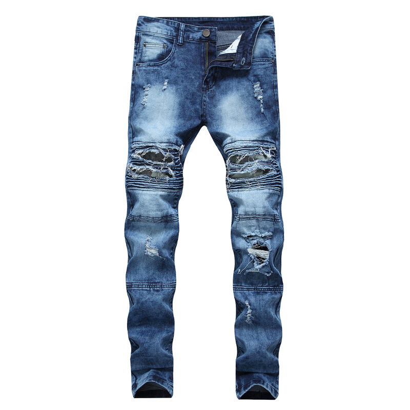 Cross-border AliExpress Foreign Trade Men's Ripped Leg Jeans Men's Slim-fit Stretch European and American Motorcycle Jeans