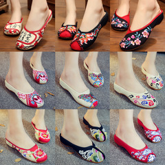 Slippers flower embroidered fabric slippers summer ladies embroidered fabric sandals low heel flat slippers