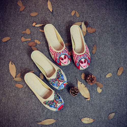Slippers flower embroidered fabric slippers summer ladies embroidered fabric sandals low heel flat slippers