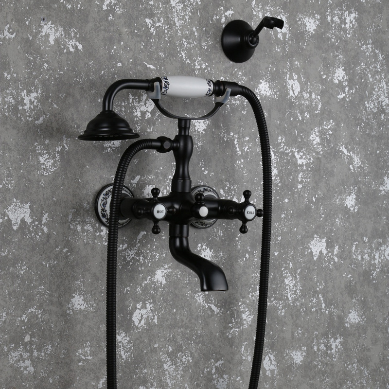 Wholesale Classic Luxury Black Bronze Shower Faucet suit Blue and White Porcelain Base Hand Shower with Stand