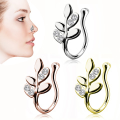 Euramerican piercing accessories, leaf-shaped nose stud, nose ring, hypoallergenic new diamond nose ornament, nose ornament without hole, fake nose ring