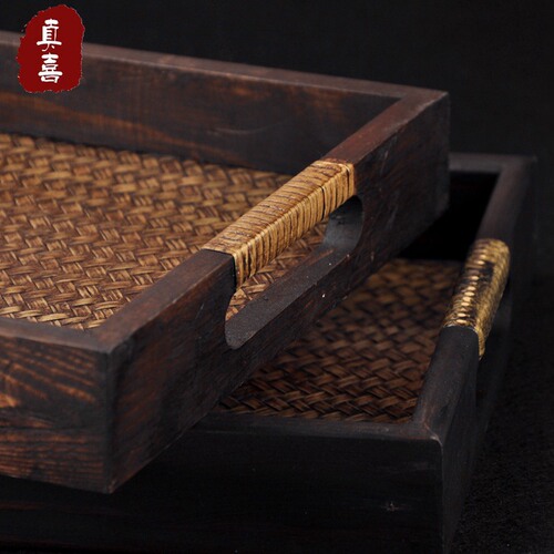 Woven Bamboo Wooden Tray Tea Tray Storage Bamboo Woven Tea Tray Thai Creative Home Retro Handle Bamboo Rattan Storage Essential Oil