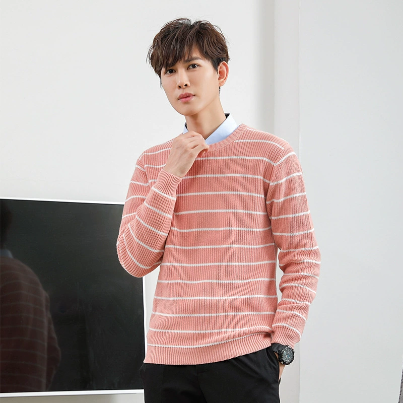 [Зазор] Свитер Корейский круглый вырез в полоску Подбор цвета Жаккардовая Базовая рубашка с длинным рукавом Повседневный пуловер Мужская трикотажная одежда
