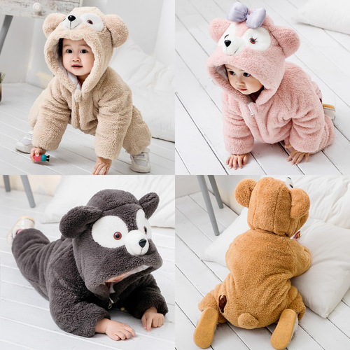 Korean version baby autumn winter lined warm bodysuit for crawling babies, winter suit with added warmth, thick long crawling suit warm set