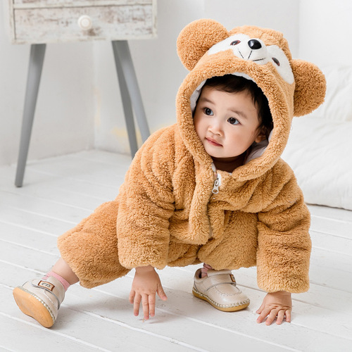 Korean version baby autumn winter lined warm bodysuit for crawling babies, winter suit with added warmth, thick long crawling suit warm set