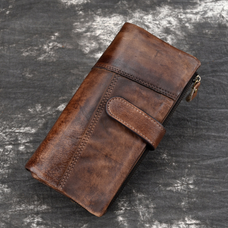 New Retro Color Cowhide Fashion Stitching Long Wallet Casual Multi-Card Leather Men's RIFD Wallet