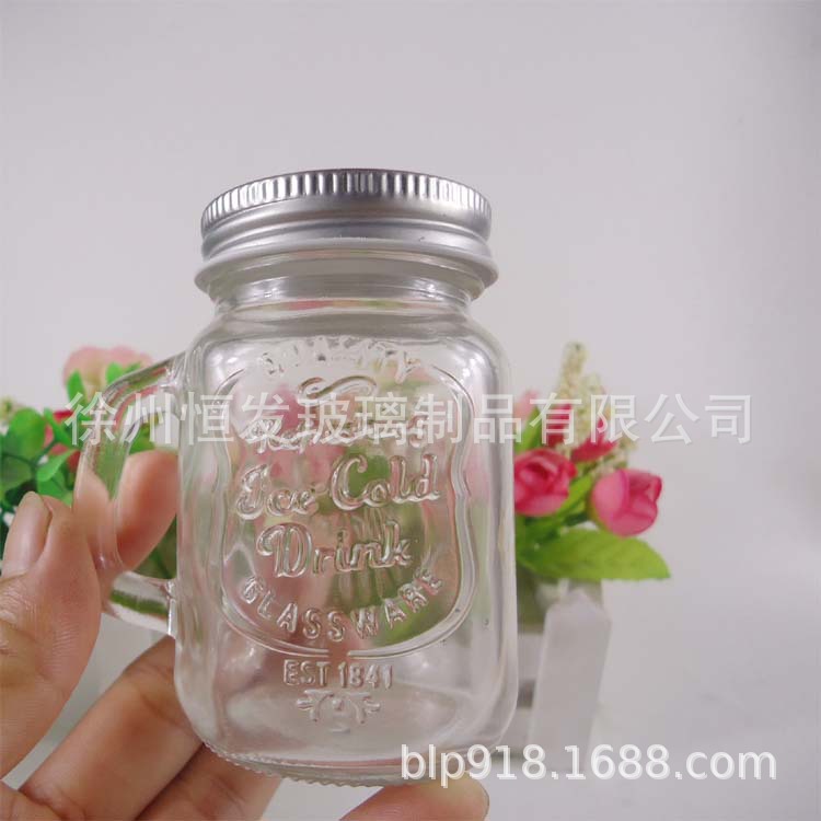 厂家直销带手柄玻璃瓶 小号英文梅森玻璃罐 120ml糖果瓶现货批发