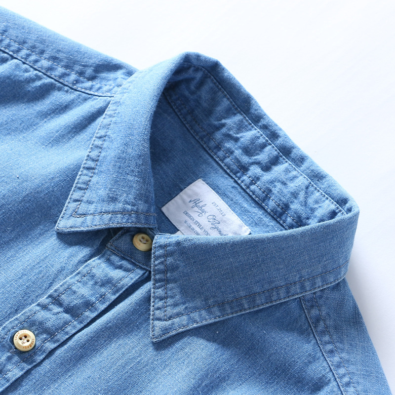 Camicia da uomo a maniche lunghe in puro cotone slub, stile casual europeo e americano, semplice, in denim di cotone._voghion.com