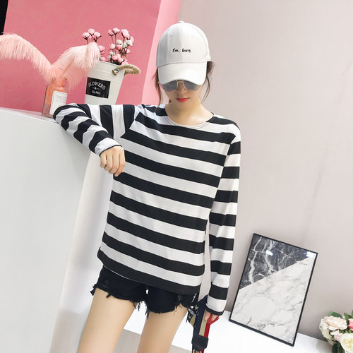 Spring and Autumn New Korean Style Loose Matchy Women's Striped Long Sleeve T-shirt Women's Base Shirt Top Striped Long Sleeve