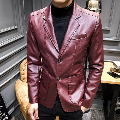 Autumn Men's Leather Jacket Suit Casual Blazer Korean Style Slim Collar Leather Suit Jacket Men Fashion