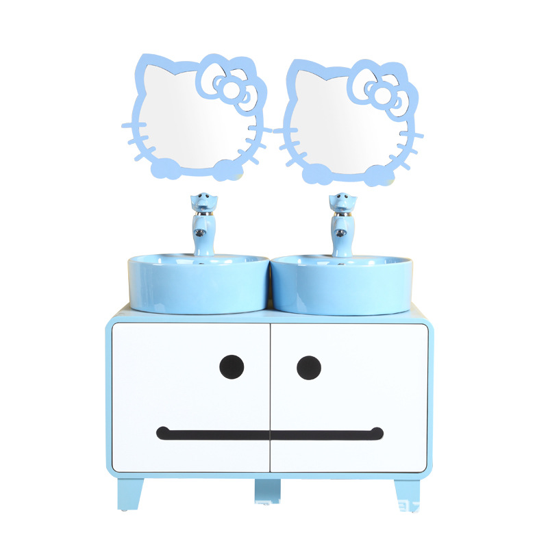 Kindergarten niños lavabo gabinete combinación doble lavabo cerámica dibujos animados lindo color baño lavabo mesa de lavado