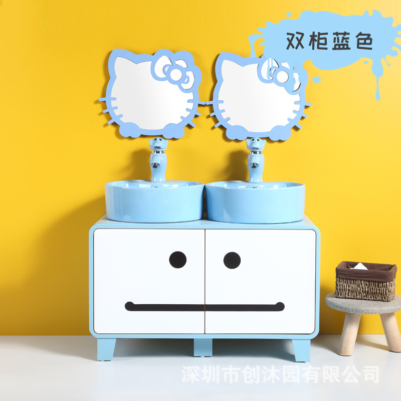 Kindergarten niños lavabo gabinete combinación doble lavabo cerámica dibujos animados lindo color baño lavabo mesa de lavado