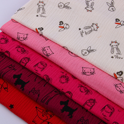卡通简笔图案全棉布料色织条纹绉布纯棉双层纱布童装面料婴童面料