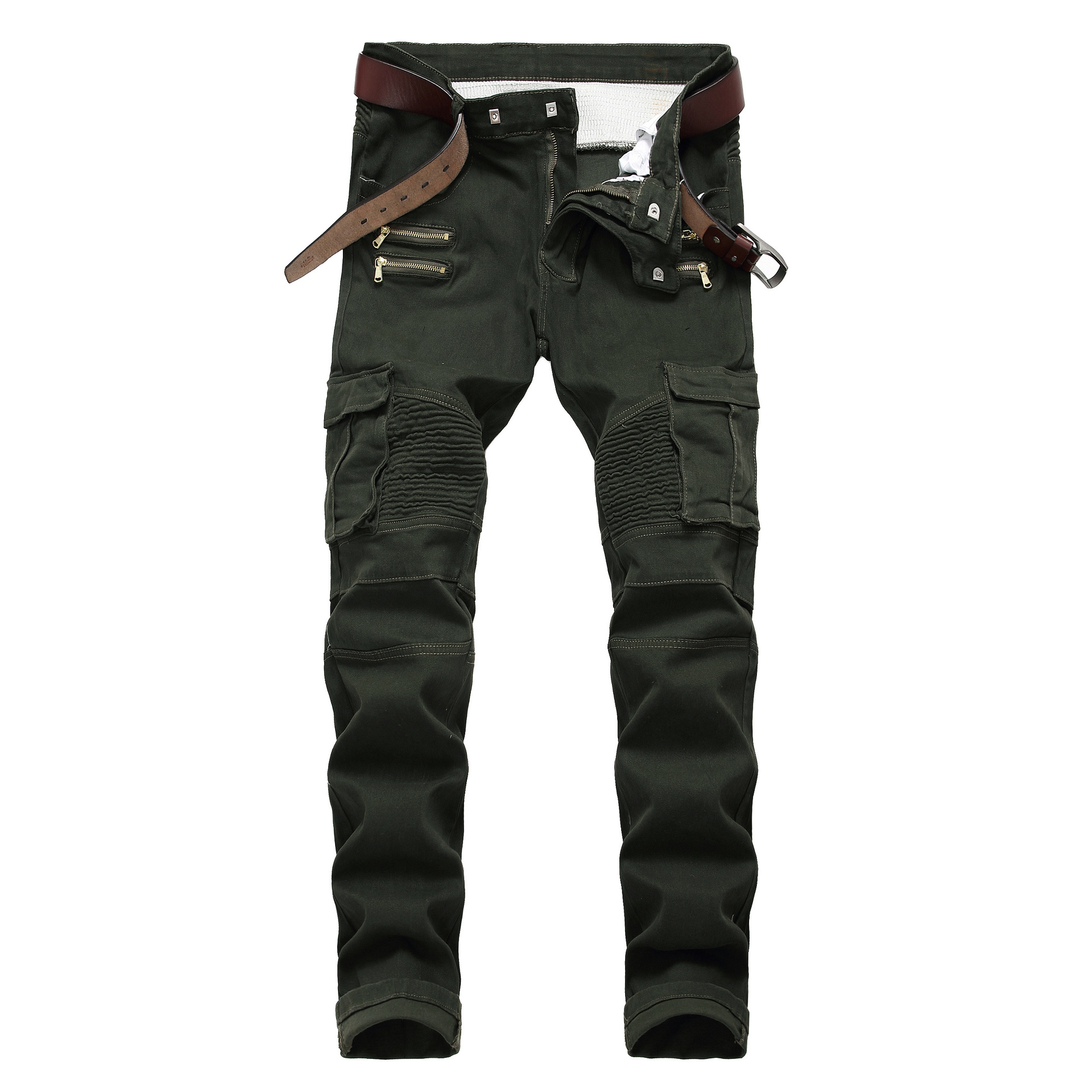 Men's Clothing men's motorcycle denim casual black trousers zipper decoration men's elastic pants_voghion.com