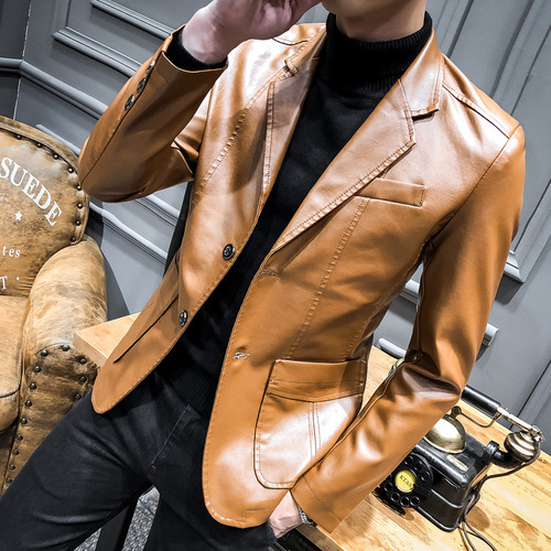 Autumn Men's Leather Jacket Suit Casual Blazer Korean Style Slim Collar Leather Suit Jacket Men Fashion