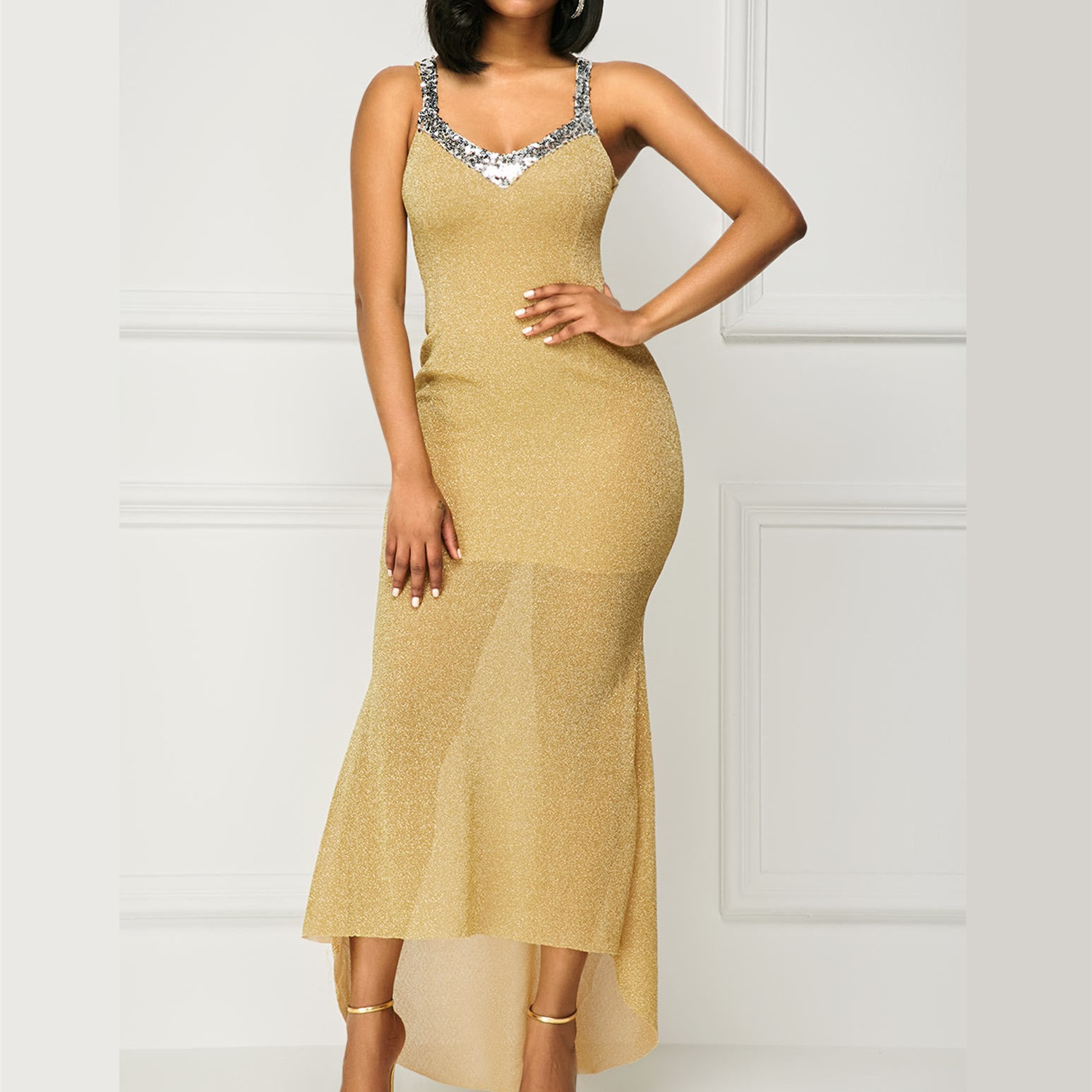 Women's V-Neck Sequin Trim Glitter Mermaid Maxi Dress, Sleeveless Formal Evening Party Gown_ecoleips.com