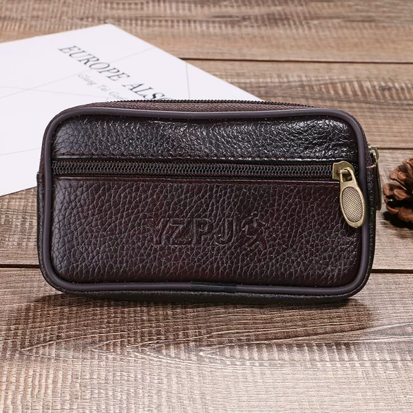 New hot sale Men's cowhide single double layer mobile phone waist bag 4-7 inch horizontal version zipper belt mobile phone bag