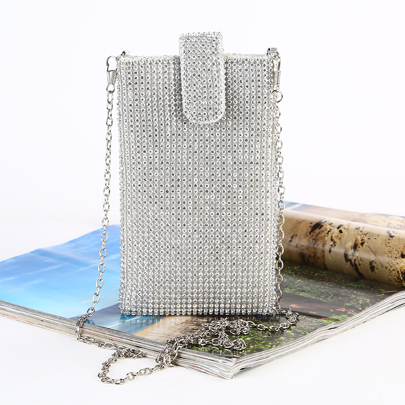 Transfronterizo nuevo bolso del teléfono móvil incrustado en diamantes de cadena de las mujeres crossbody hombro pequeño bolso de noche de diamantes de imitación bolso de fiesta vertical