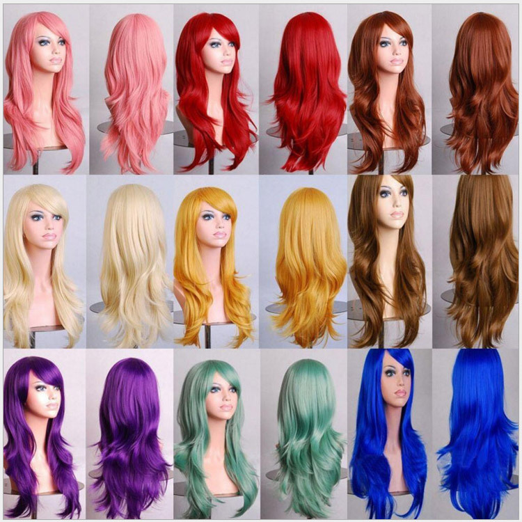 Pelucas de cosplay de anime para mujer, cabello largo y rizado, pelucas coloridas, pelucas versátiles, pelucas de cabeza completa al por mayor de fábrica.