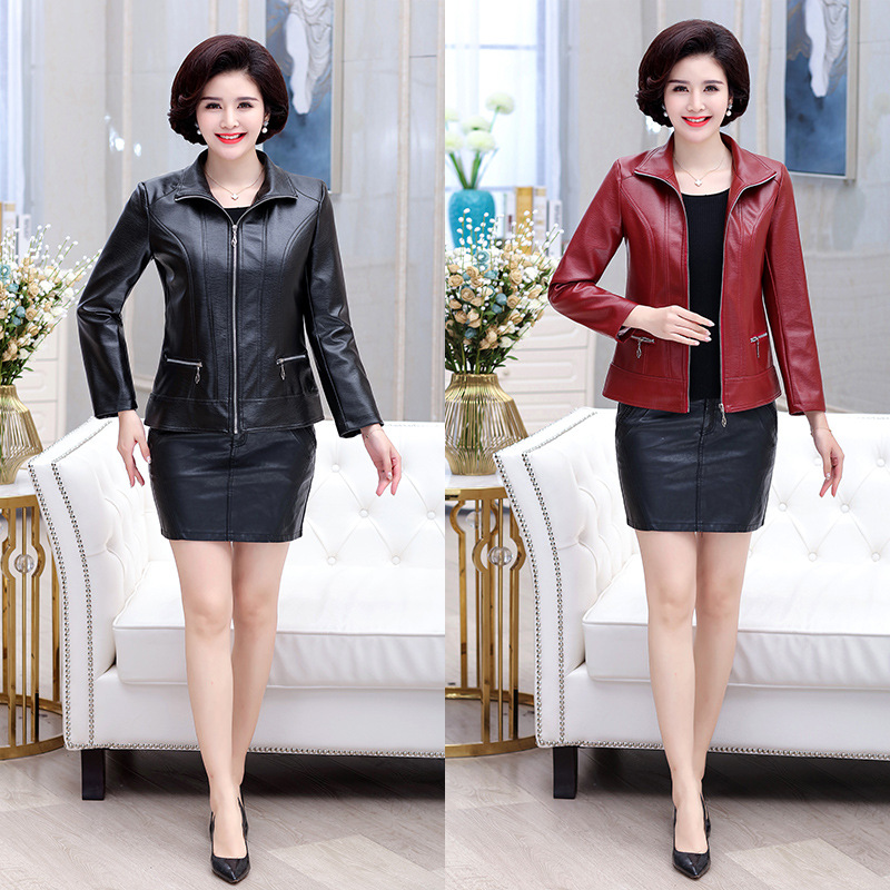 Manufacturer's Supply Wholesale Autumn and Winter Middle-Aged and Elderly Women's Stand-Up Collar Jacket Cotton Jacket Imitation Leather Short Loose Leather Jacket