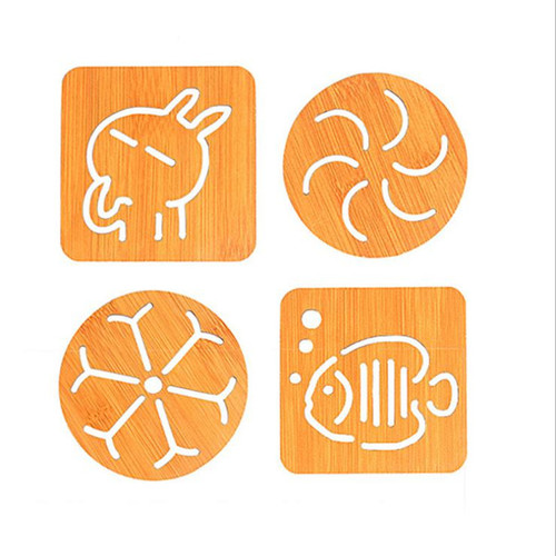 Wooden coasters, hollow anti-slip pot and bowl mats, kitchen tableware anti-scalding heat insulation mats, cartoon cute dining table mats wholesale