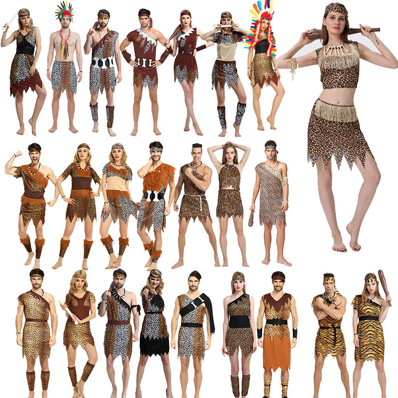 Halloween Table Performance Adult Savage Clothes Costume Men and Women Aboriginal African Primitive Indian Leopard Print Suit