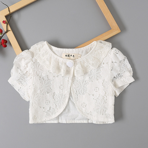 Women's Children's Short Sleeve Summer Cardigan Han Style Children's White Open Shirt Cardigan Thin Overlay Cape