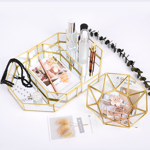 Nordic Instagram-style glass storage tray, golden vintage polygonal mirror-finish tray, brass desktop cosmetic organizer