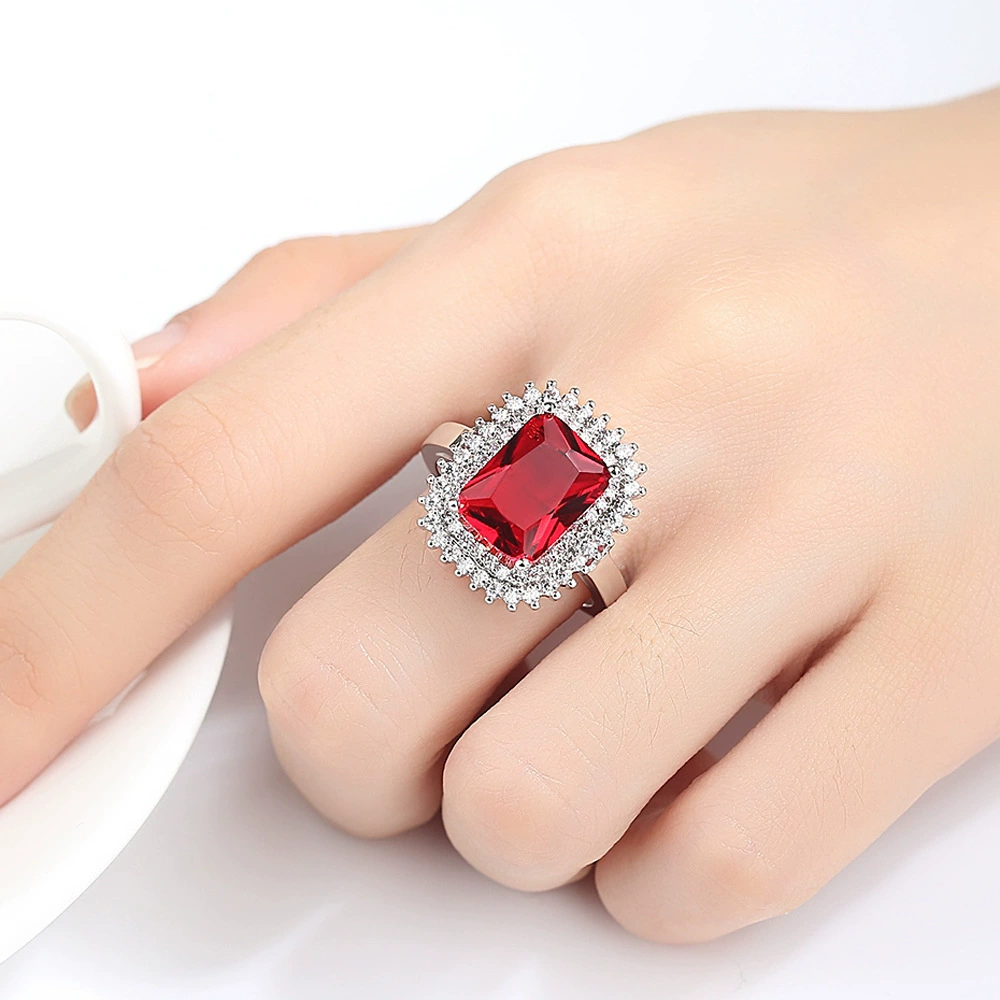 Elegant European Style Ring with Square Ruby Zirconium Stone for Brides, Wedding Accessory