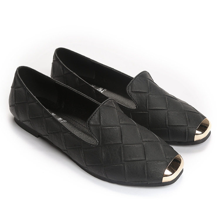 Giày lười nữ mũi vuông đế bệt thấp 1-3 cm, giày dệt trơn kiểu slip-on cỡ lớn — Màu đen