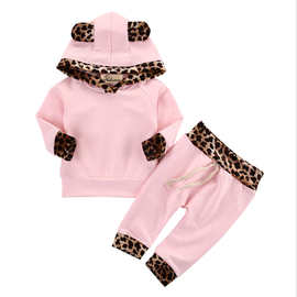 外贸婴儿卫衣服套装 粉色卫衣冬款 豹纹纯色卫衣豹纹套装 带帽卫