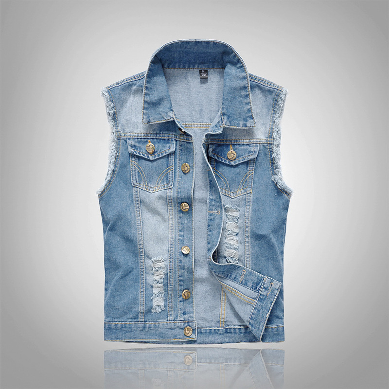 Plus Size Korean Style Export Trendy Motorcycle Men's Denim Vest Light Blue Vest Waistcoat Ripped Denim Vest