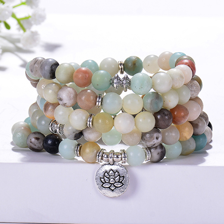 Europe and America Hot Sale 8mm Frosted Amazon Stone Bracelet 108 Beads Lotus Yoga Pendant Necklace Mala Bracelet Europe and America Hot Sale 8mm Frosted Amazon Stone Bracelet 108 Beads Lotus Yoga Pendant Necklace Mala Bracelet