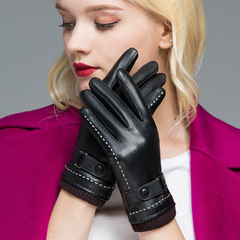 Leather gloves for women in autumn and winter, thickened with velvet, warm and fashionable, sheepskin pattern leather U touch screen gloves for hand repair and driving