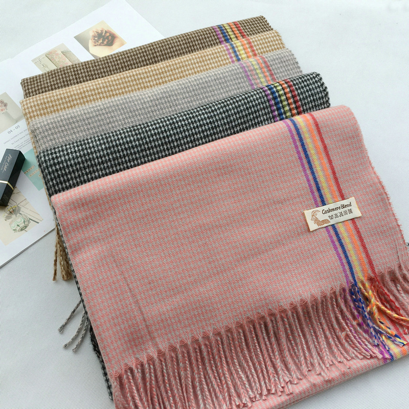 韩版秋冬新款仿羊绒格子围巾欧美风千鸟格彩虹拼色围巾披肩两用女