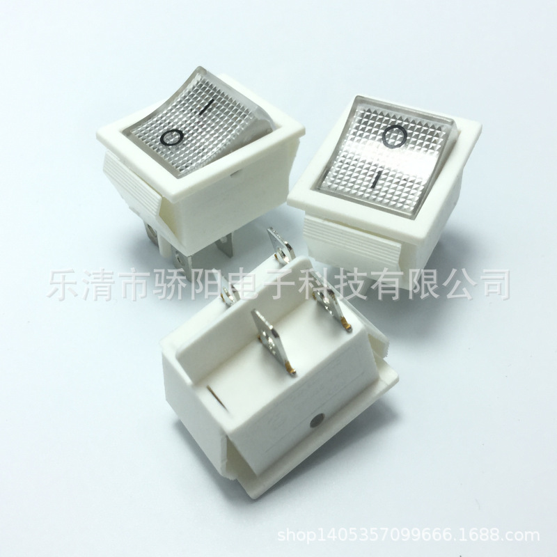 船型开关KCD4四脚220V带灯全白色底座白色盖子25*31 翘板电源开关