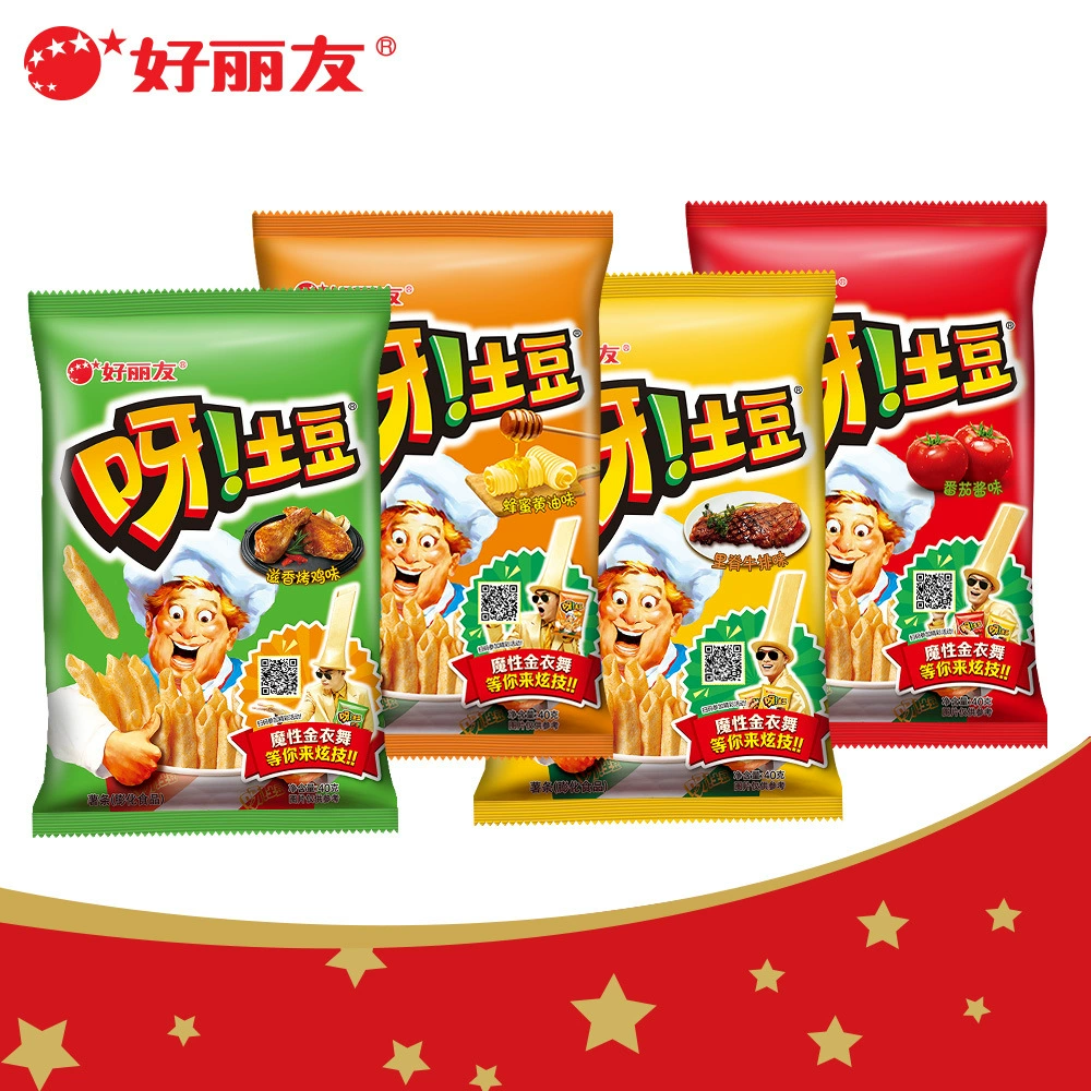 Haoliyouya potato 40g*32 bags whole box wholesale puffed snacks tomato-flavored fries hollow potato chips