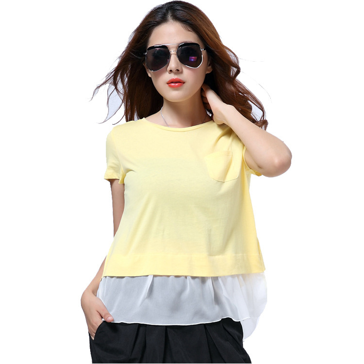 Qing Lan Japanese Style Summer Fake Two-piece Back Open Sweet Two-layer Top Short-sleeved T-shirt Ultra-thin Breathable Women's Clothing