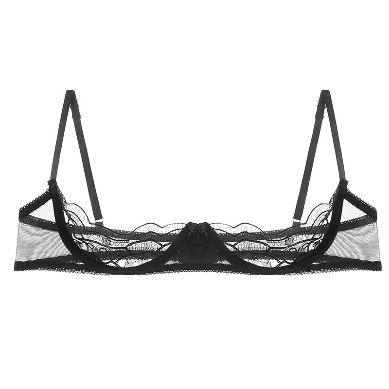 Semi‑cup embroidered mesh bra and thong set, black, adjustable straps, one size