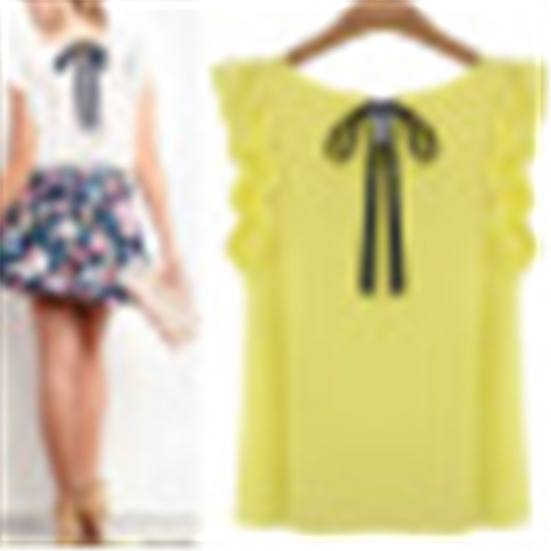 Supply cross-border summer new European and American women's ruffle sleeve bow strap chiffon shirt round neck solid color top for women