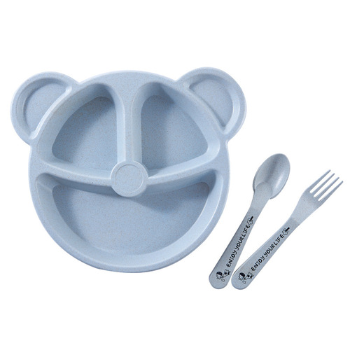 Wheat straw cartoon children's compartmented dinner plate for eating kindergarten students' tableware set 3-piece factory wholesale