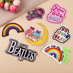 Embroidery patch with a cute cartoon moon, featuring a couple wearing a rainbow outfit, for computerized embroidery decoration