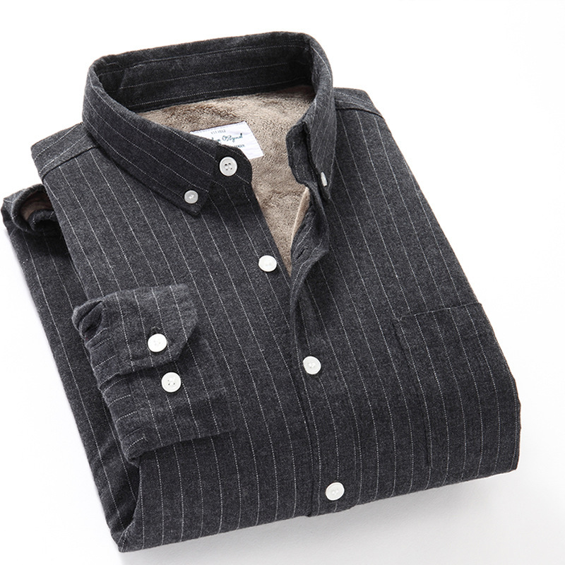 Winter loose plus size men's long-sleeved shirt fleece-lined thick warm striped brushed casual shirt fashion
