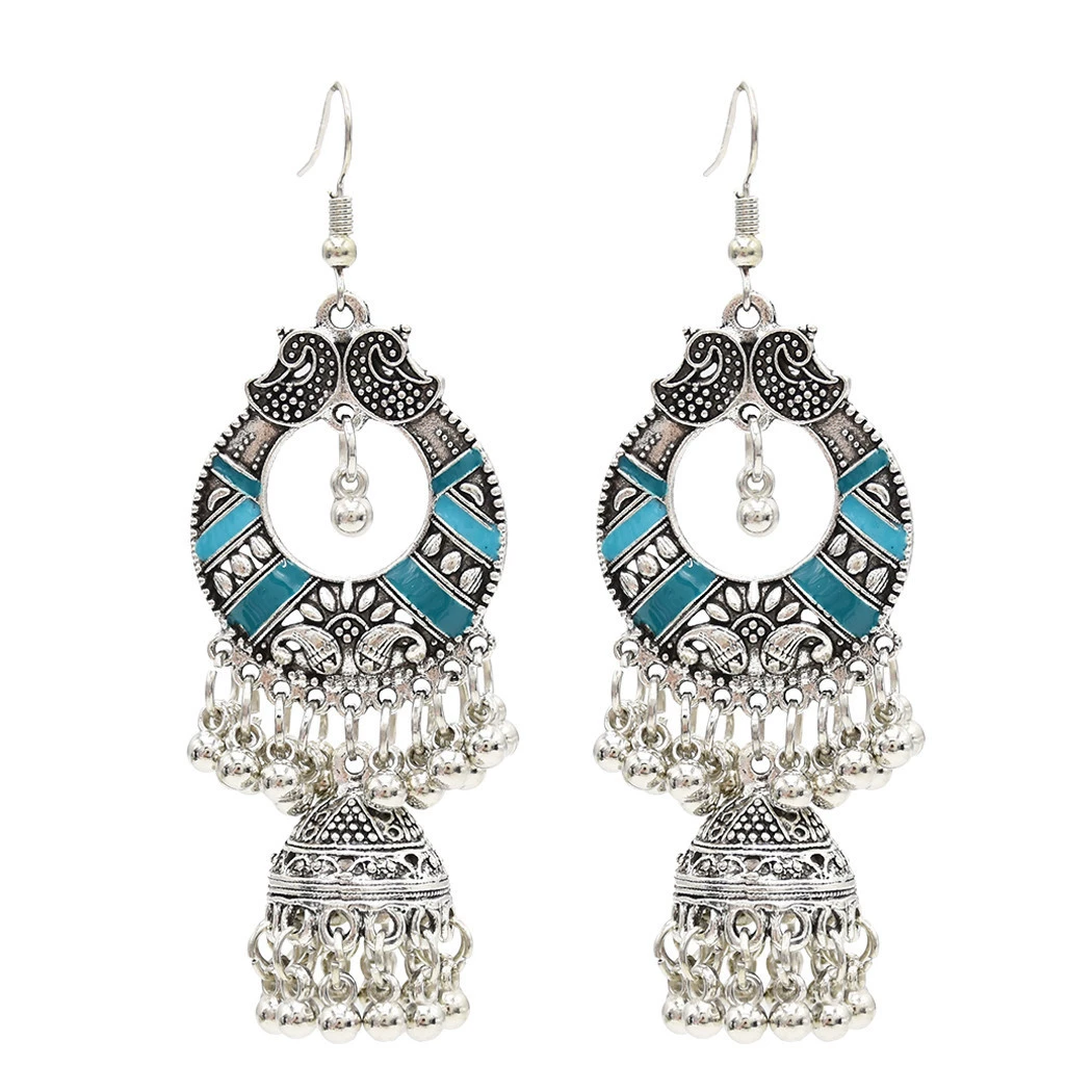 Retro ethnic earrings, classic small bell, boho style, India