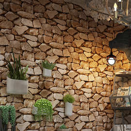 复古3D立体石纹石头石块文化石壁纸咖啡店酒吧客厅客厅砖纹墙纸